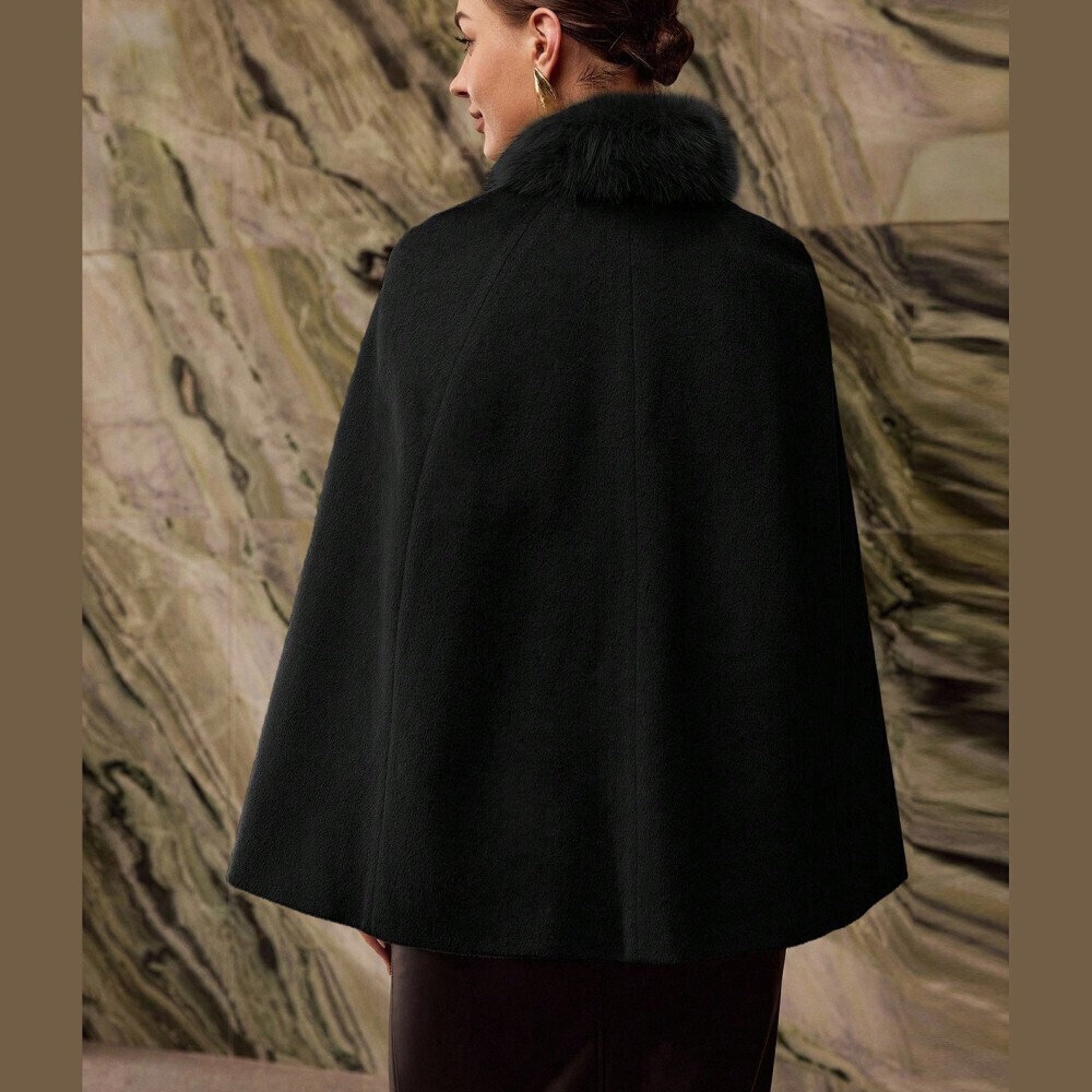 Black Fuzzy Collar Cape Coat with Gold Buttons - Picture 3 of 8